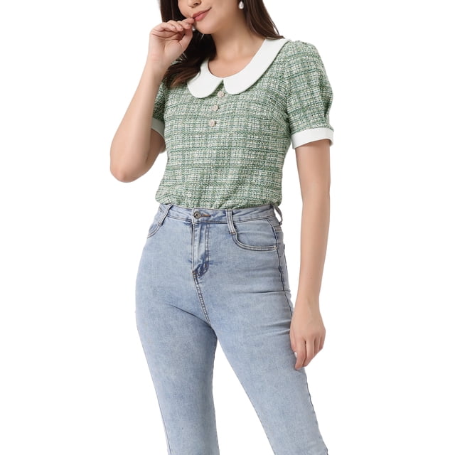 INSPIRE CHIC Tweed Top for Women's Button Decor Peter Pan Collar Blouse Green S
