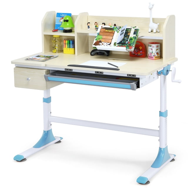 Costway Bureau d'Étude pour Enfants à Hauteur Réglable Table de Dessin avec Étagère à Livres et Étagère Bleue
