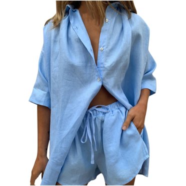 Leutsin Women's Solid Color Single Breasted Short Sleeve Shirt Shorts Loose Casual Suit