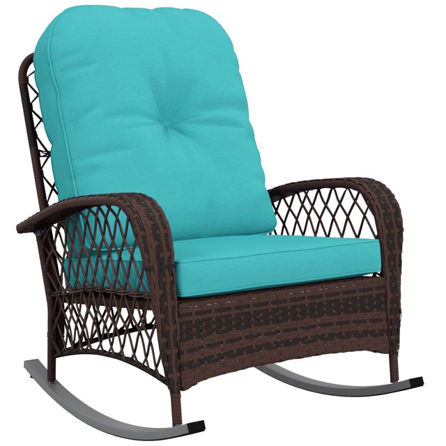 Outsunny Rattan Rocking Chair with Soft Cushion for Garden, Turquoise