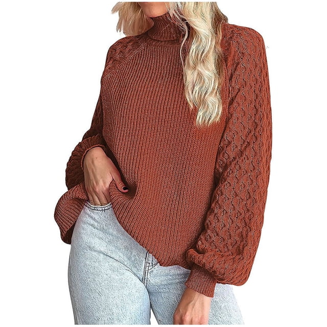 cllios White Sweaters for Women oversized Turtleneck Jumpers Casual Lantern Sleeve Knit Textured Sweater Pure Color Ribbed Pullover Tops