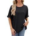 thumbnail image 2 of asjyhkr T-Shirts pour Femmes Col Rond Manches Courtes à Revers Hauts d'Été Mode 2025 Chic T-Shirts Basiques, 2 of 9