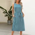 thumbnail image 5 of Robe d'Été pour Femme Sans Manches à Col Ras du Cou, Robe Basique Unie avec Taille à Nouer, Robe T-Shirt de Bureau avec Poches, 5 of 5