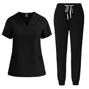 Amzcrzy Scrubs for Women Set V Neck Short Sleeve Scrubs Tops Jogger Pants Scrub Sets for Woman Casual Stretch Solid Color Scrubs Sets with Pockets