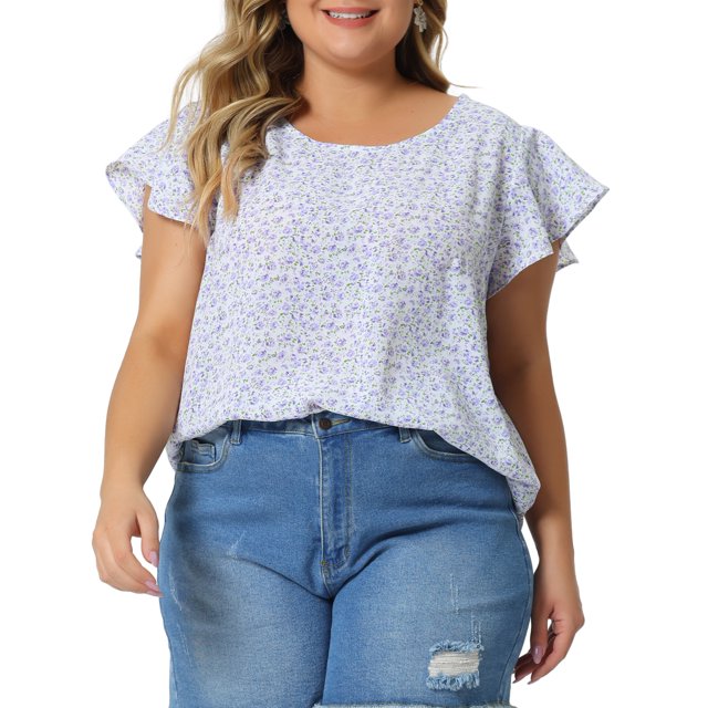 Agnes Orinda Hauts Floraux pour Femmes Grande Taille Col Rond Manches Courtes Évasées Blouse Décontractée Printemps Été 2X Violet