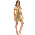thumbnail image 3 of Robe Mini de Fête à Paillettes Col en V Manches Courtes pour Femme, Or, Moyen, 3 of 5