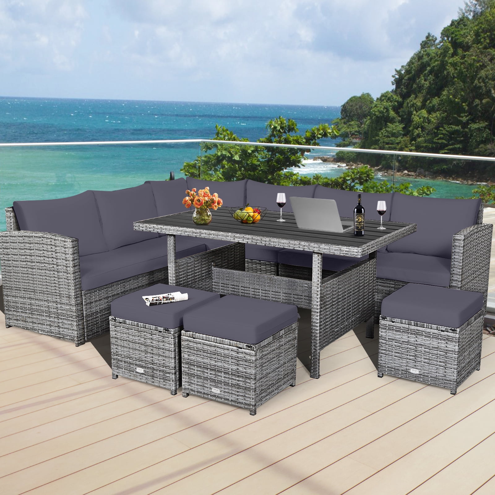 Gymax 7PCS Rattan Patio Sectional Sofa Set Conversation Set w/ Grey Cushions
