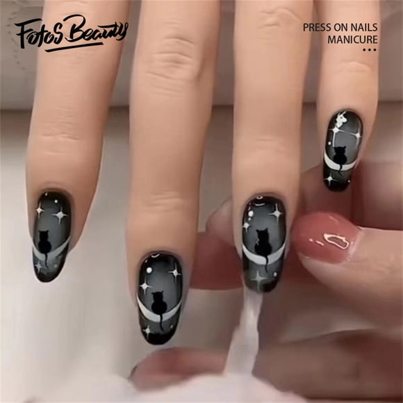 Fofosbeauty 24 Pcs Ongles Postiches en Acrylique à Presser, Pointes d'Ongles Designs 2023, Chat Mystérieux Rond Noir