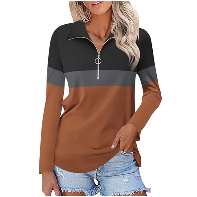 Plebaso Chemises à Manches Longues pour Femmes à Blocs de Couleur Quart Zip Hauts Décontractés Col Pull Blouses pour Femmes