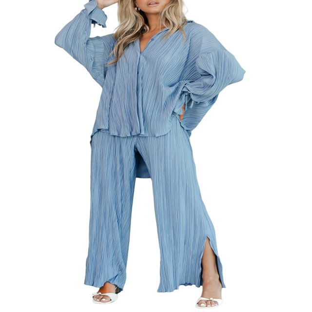 Women Solid Color Long Sleeve Blouse and Straight Fit Trousers