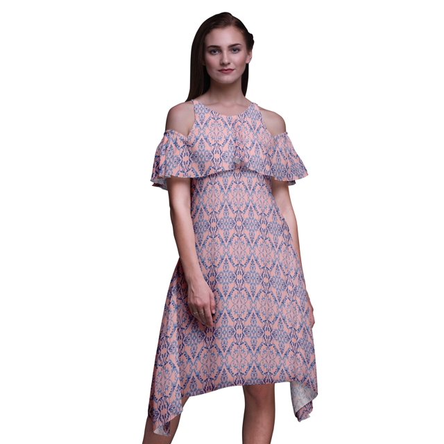 Bimba Damask Print Flutter Sleeve Womens Party Tunic Cold Shoulder Midi Dress-Medium