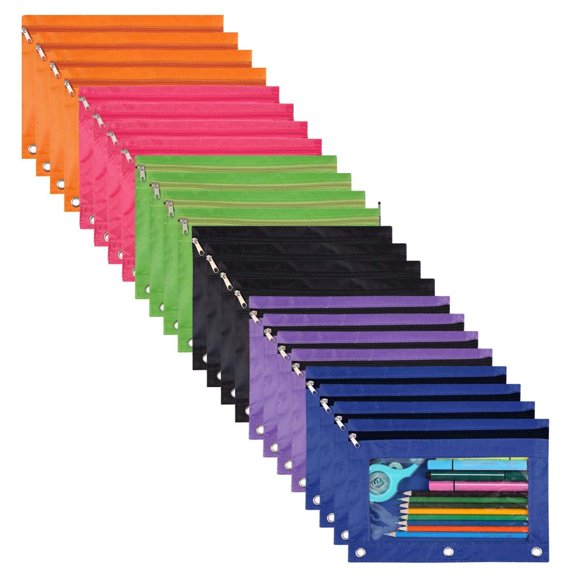 Wodison 24-Packs 3 Ring Pencil Pouch Binder Pouches with 3 Hole Bulk Zipper Pencil Case Suitable for Class School Office(6 Colors)