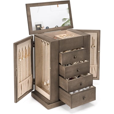 Sfugno Jewelry Box for Women, 5 Layer Large Wood Jewelry Boxes & Organizers for Necklaces Earrings Rings Bracelets, Rustic Jewelry Organizer Box with Drawers and Mirror,Weathered Gray