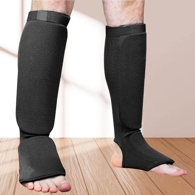 pitrice 1 Pair Shin Instep Guards MMA Supplies Training Protection Elastic Protector Black and S