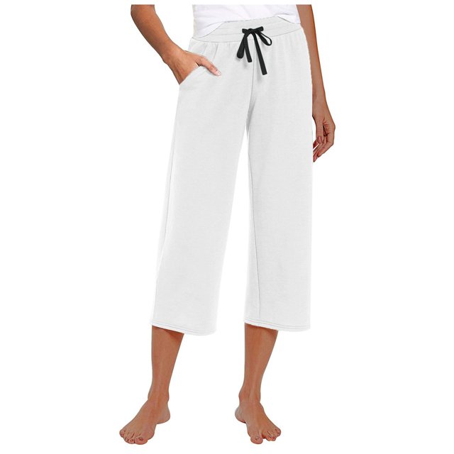 NECHOLOGY Women's Plus Size Loose Soft Drawstring Capri Yoga Pants, White, Size M