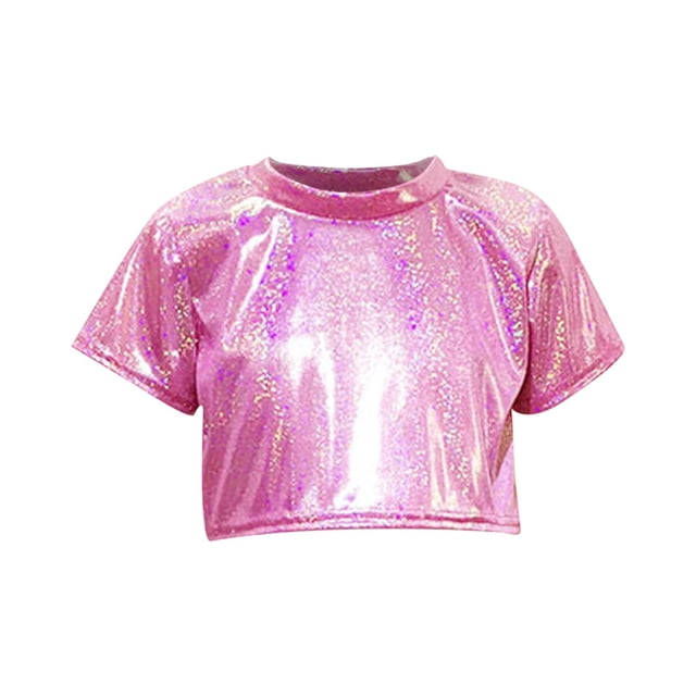 Children's Performance Outfit Sequined Short Sleeved T-shirt With Exposed Waist And Navel Round Neck Elastic
