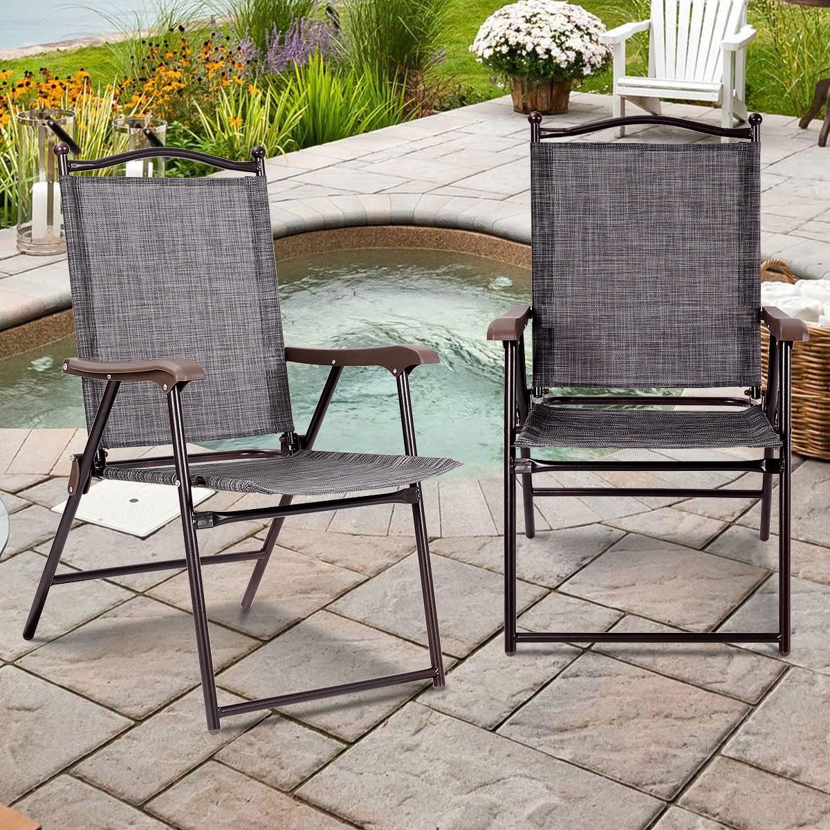 Gymax Set of 2 Folding Patio Furniture Sling Back Chairs Outdoors
