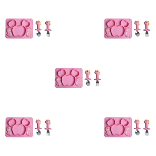 mmirethe Easy To Clean Baby Silicone Tableware Set Made With Silicone And Stainless Steel For Encourages Pink 2 5Set