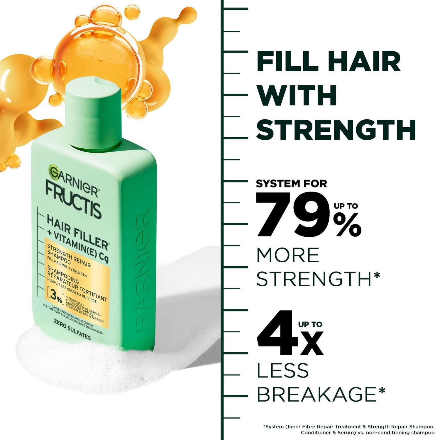 Garnier Fructis Hair Filler + Vitamine C Shampooing Réparateur Fortifiant Sans Sulfates, pour Cheveux Faibles et Abîmés, jusqu'à la Casse & 79 % de Force en Plus