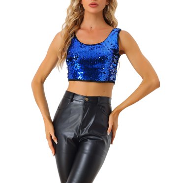INSPIRE CHIC Women's Metallic Sequin Crop Top Sparkle Glitter Sleeveless Party Club Tank Top S Royal Blue