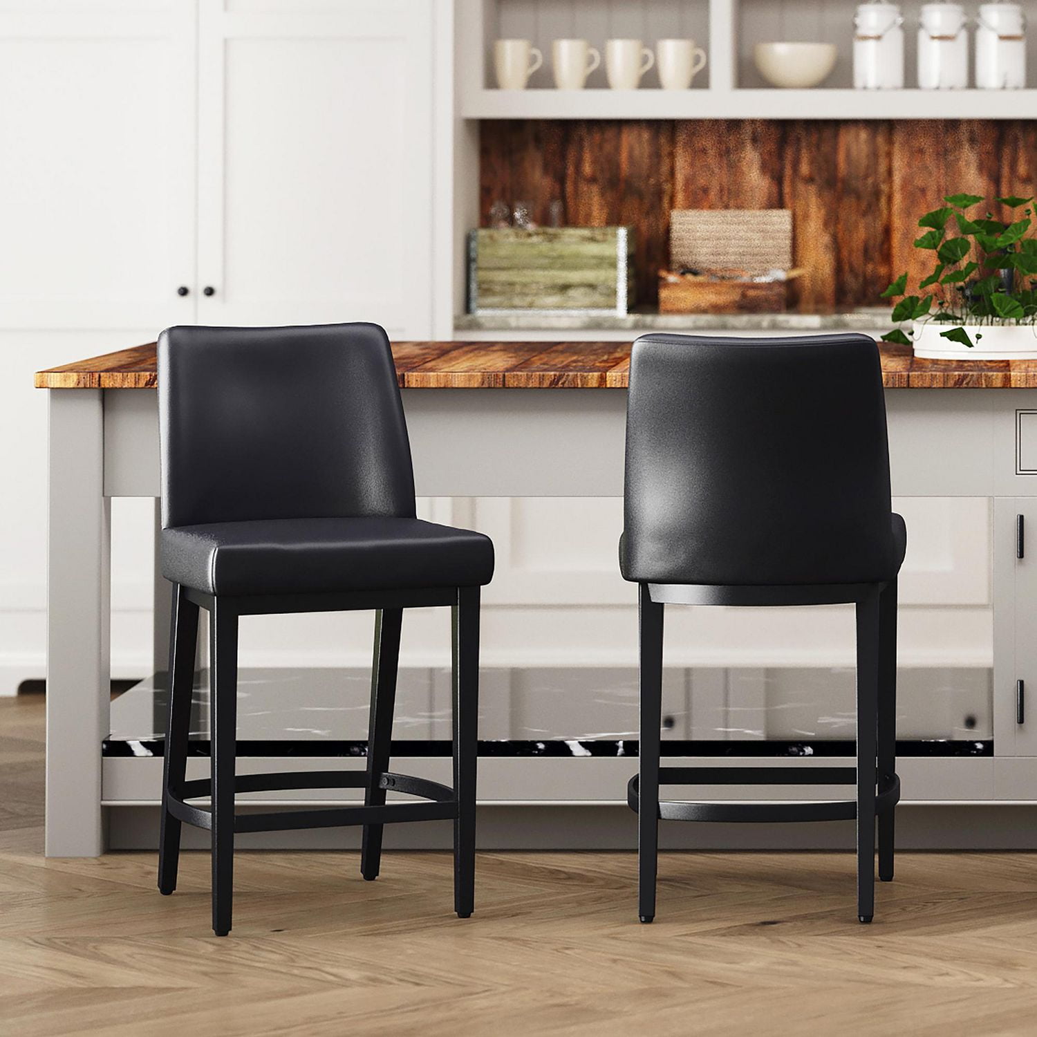 Tabouret de comptoir moderne de 26 po en similicuir et en métal, ensemble de 2 – noir