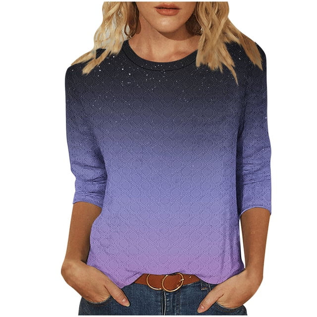 Cinvoph T-Shirts d'Été Imprimés pour Femmes Manches 3/4 Col Rond Dégradé Hauts Chandail Ample Blouses de Vacances