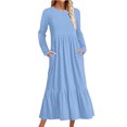 thumbnail image 1 of Penkiiy Robe Décontractée pour Femme à Manches Longues, Col Rond, Coupe Évasée, Robe Longue Fluide à Étages pour la Plage avec Poches, P Bleu Pâle, 1 of 5