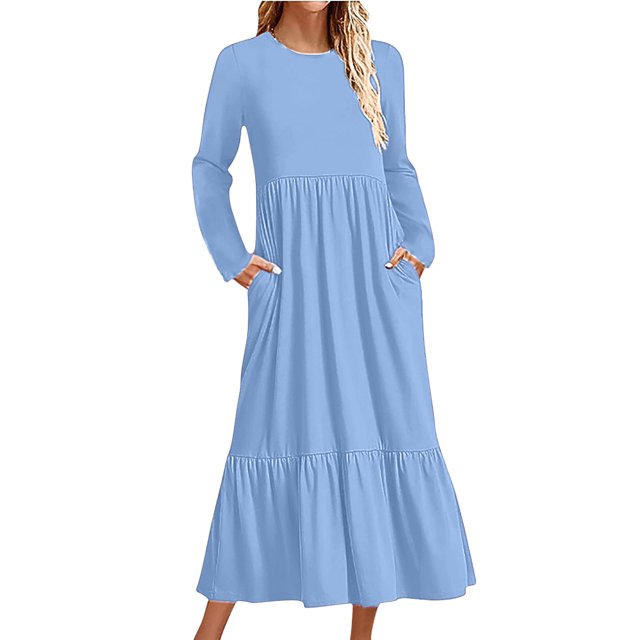 Penkiiy Robe Décontractée pour Femme à Manches Longues, Col Rond, Coupe Évasée, Robe Longue Fluide à Étages pour la Plage avec Poches, P Bleu Pâle