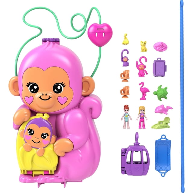 Polly Pocket Ensemble de Jeu Maman Singe et Bébé avec 2 Micro-Poupées, Animaux de Compagnie et 13 Accessoires, Sac 2-en-1 et Jouet Mettant en Vedette une Figurine de Maman Singe Rose Tenant un Bébé Singe dans une Pochette Jaune, Connecté par une Corde de Tyrolienne Verte avec une Poulie Rose en Forme de Cœur. l'Ensemble Comprend Deux Micro-Poupées, Animaux Singe, Flamant Rose, Tortue, Dauphin Figurines, Chaises, une Valise, une Chaise Longue et une Télécabine à Tyrolienne Violette