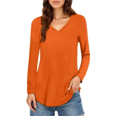 Lixiuxyad Women's V Neck Solid Color Long Sleeve T Shirt Orange S