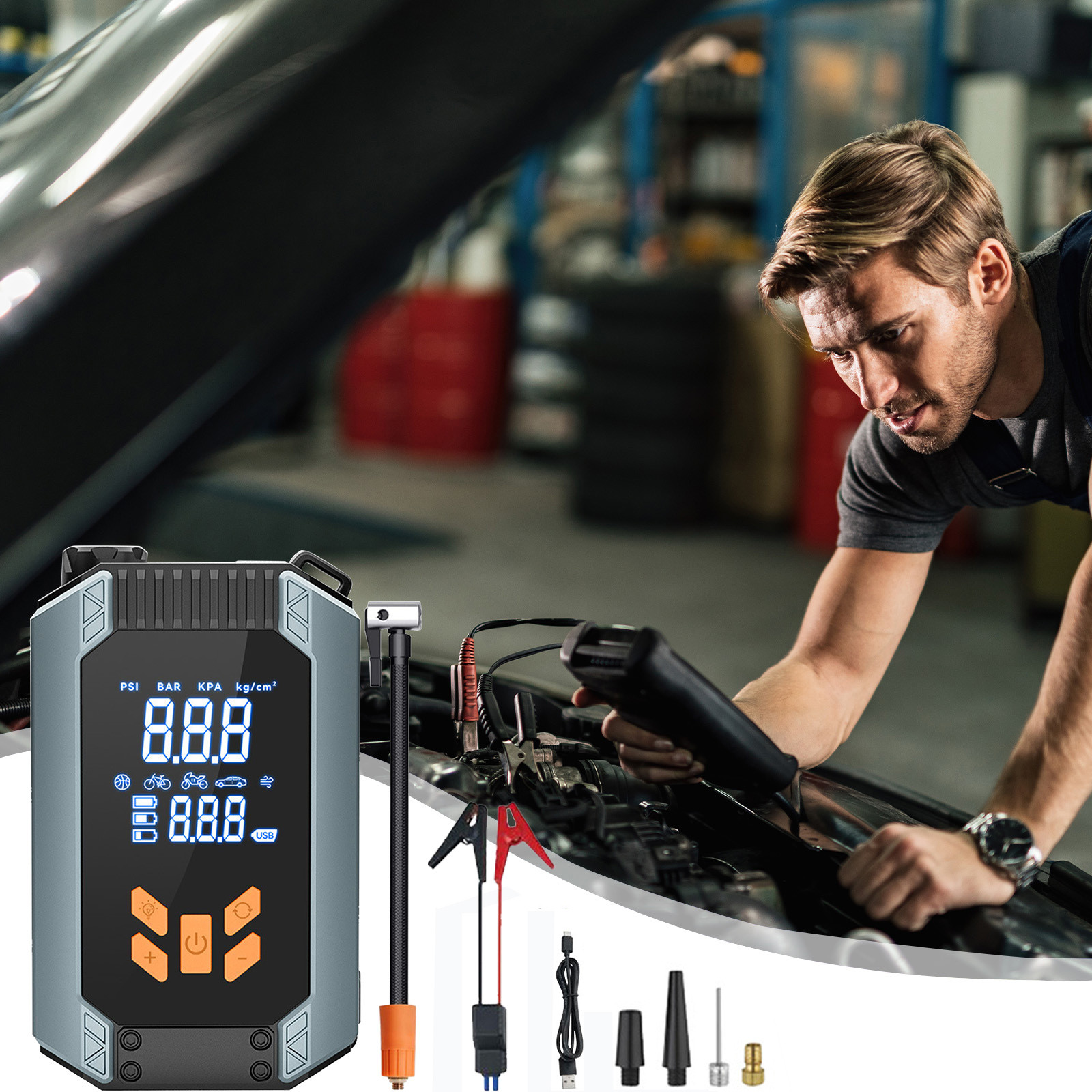 Portable Car Jump Starters And Tire Inflator Pump 150PSI 7200mA 12V Car Battery Jump Starters Pack For 3.0L Gas With LCD Display 3 Lights And Type-C Charger