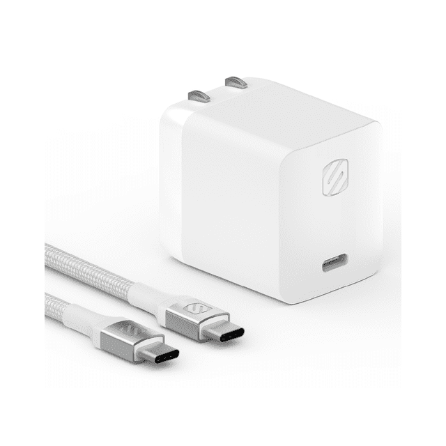 Scosche HPD45CCB8W 45W Super Fast Type-C Wall Block Charger with 8ft braided USB-C fast charging cable, showing a white compact charger with foldable prongs and USB-C port, paired with a silver and white braided USB-C cable with reversible connectors, ideal for fast charging USB-C devices.