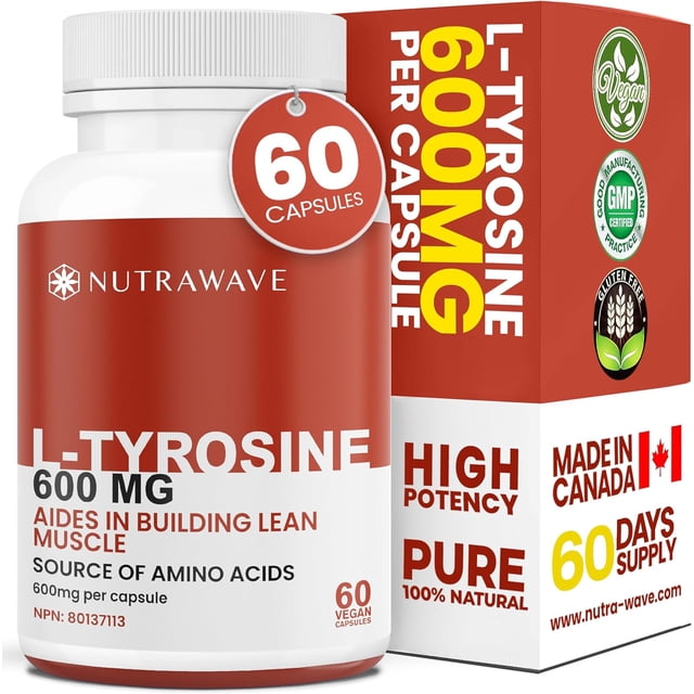 Nutrawave L-Tyrosine 1200mg – Cognitive & Focus Support Amino Acid – Unflavored – 60 Capsules. The product image features a red and white bottle labeled 'L-Tyrosine 600mg per capsule' with 60 vegan capsules, accompanied by its packaging that emphasizes high potency, vegan-friendly, gluten-free, and made in Canada. Designed to support mental focus, neurotransmitter production, and an active lifestyle.