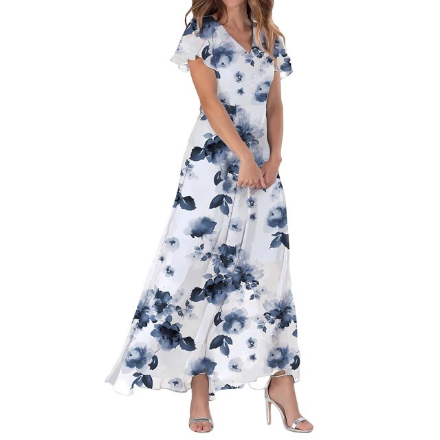 WTXUE Robes d'Été pour Femmes 2024, Robe d'Été Décontractée à la Mode pour Femmes à Fleurs, Col en V, Manches Courtes, Longue, Col en V, Manches Courtes, Patte, Robe de Loisirs, Bleu
