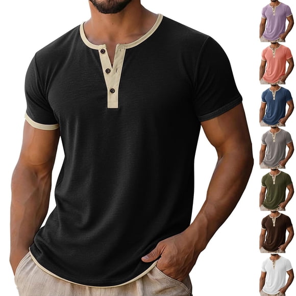 YFNNUP Mens Tshirts Henley Short Sleeve Shirts Stretch Basic Top Casual Lightweight Button Up Tops White L