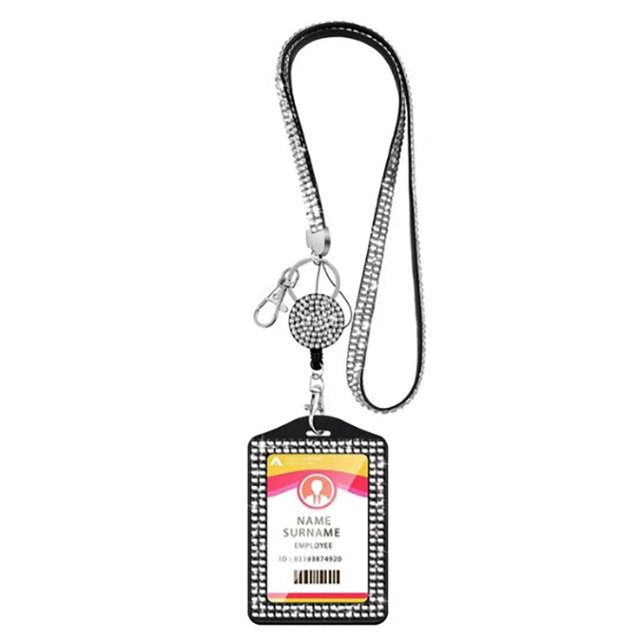 New Rhinestone Badge Holder ID Lanyard Bling Crystal Necklace Strap Badge Card Holder Protector Case Retractable Hanging Rope Silver-riser card