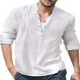 thumbnail image 1 of Men‘s Henley Shirt  Solid Color Long Sleeve Stand Collar Button-Down Loose Simple Linen Beach Tops, 1 of 4