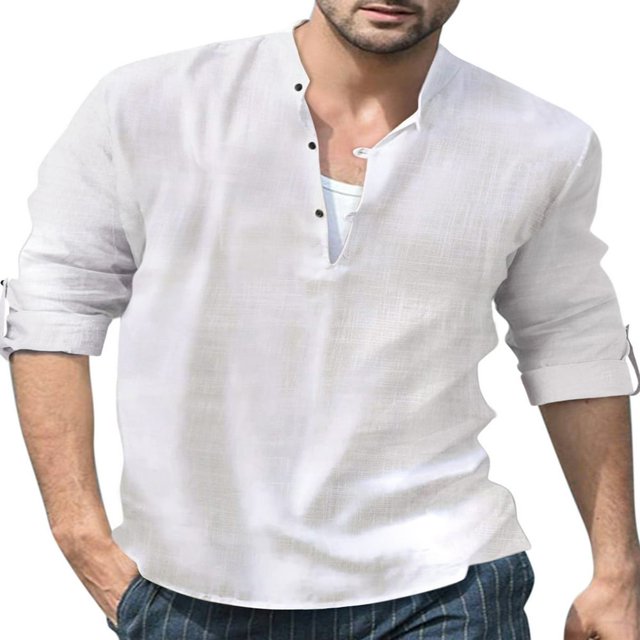 Men‘s Henley Shirt Solid Color Long Sleeve Stand Collar Button-Down Loose Simple Linen Beach Tops