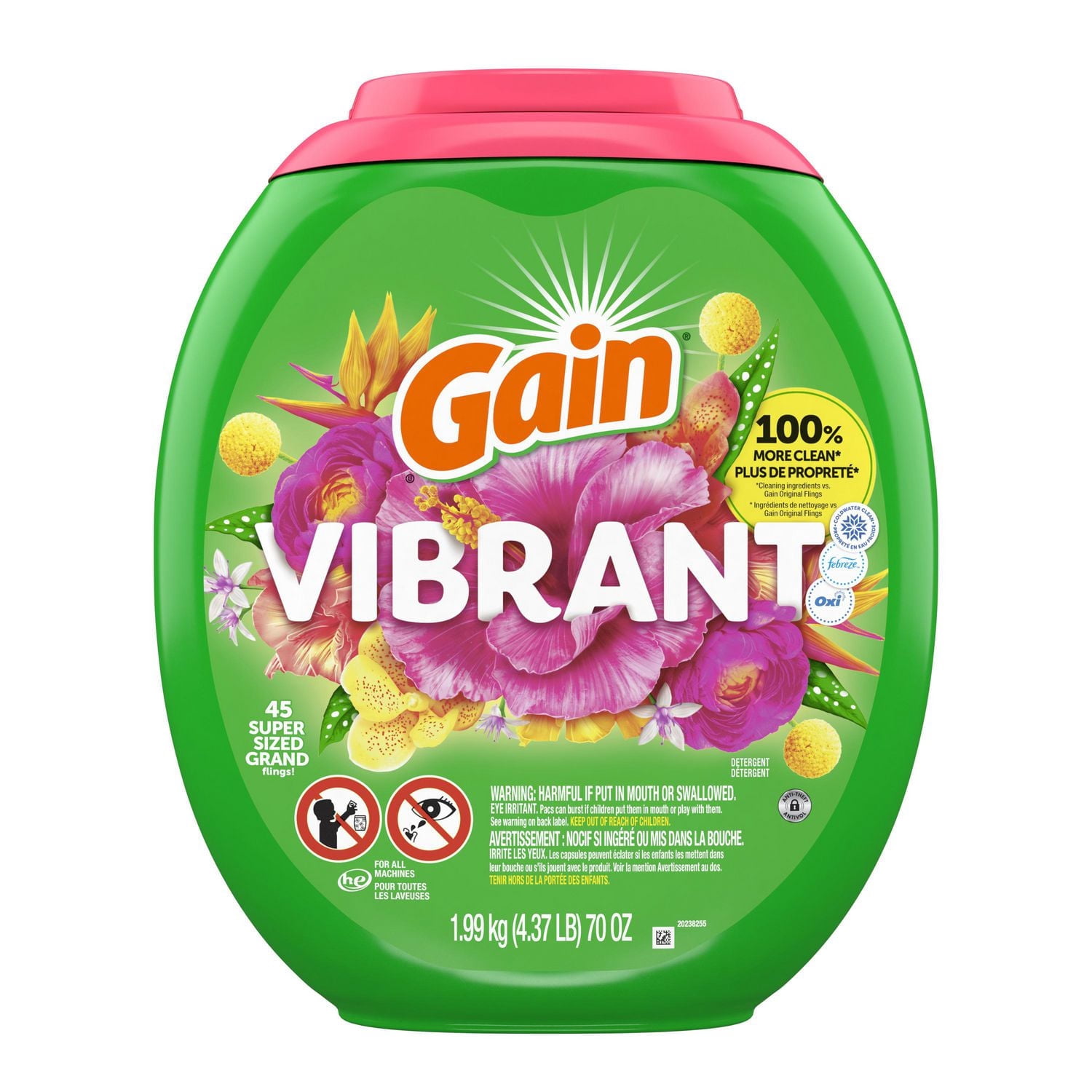 Gain Super Flings Laundry Detergent Pacs, Hibiscus Hula scent, irresistibly clean and fresh washing detergent laundry soap pacs, 45 Count