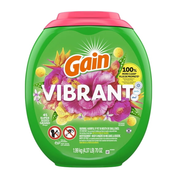 Gain Super Flings Laundry Detergent Pacs, Hibiscus Hula scent, irresistibly clean and fresh washing detergent laundry soap pacs, 45 Count
