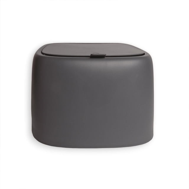 Instachew HOKAN Kibble Food Container in grey, front view of a smooth, rounded rectangular 10L plastic container with an airtight lid and small tab, designed to keep pet kibble fresh, includes a measuring scoop and silicone plug for easy cleaning, suitable for small animal habitats.