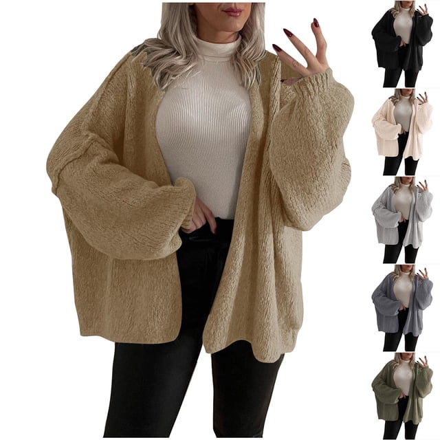 Sentmoon Short Cardigans for Women Plus Size Long Sleeve Early Fall Fashion Solid Color Warm Loose Knitted Women Outfits Winter Fashion for Oversized Comfy Pullover Beige S
