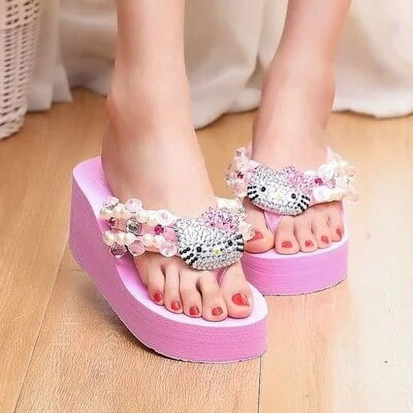 Sanrio Hello Kitty Pantoufles à Diamants Kt Chat Pantoufles à Perles Kawaii Mode Y2k Femmes Pantoufles de Plage Mode Loisirs Sandale d'Extérieur zeruo