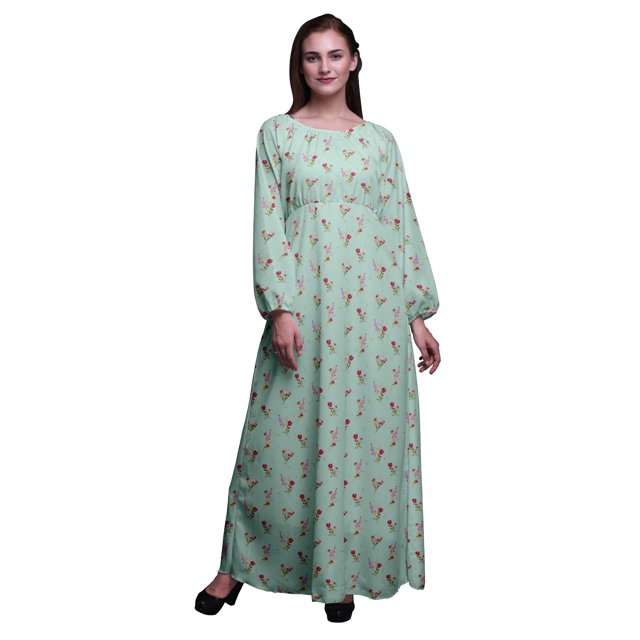 Bimba Robe Maxi à Manches Longues pour Femmes en Georgette Mousse Imprimée de Trèfles et de Fleurs, Taille Élastique - Grande