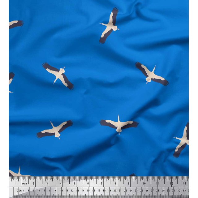 Soimoi Blue polyester Crepe Fabric Flying Stork Bird Decor Fabric Printed Yard 42 Inch Wide