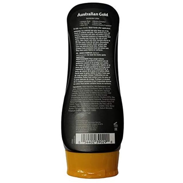 Accélérateur de Bronzage Foncé Or Australien, 8 Fl Oz. Vue de Produit Orientée vers l'Avant de la Bouteille d'Accélérateur de Bronzage Or Australien Étiquetée avec la Marque et le Parfum Exotique; Format 8 Fl Oz Noté. Commercialisé comme lotion Accélérateur de Bronzage et Souvent Utilisé comme base de Bronzage pour le Maquillage du Corps.