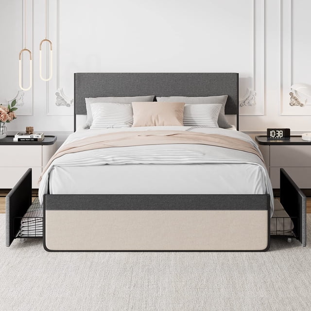 Lit Plateforme Moderne et Simple avec Tête et Pied de Lit Rembourrés en Lin, Cadre de Lit à Lattes en Acier Robuste Format Double Base de Matelas/espace Suffisant pour le Rangement/aucun Sommier Requis
