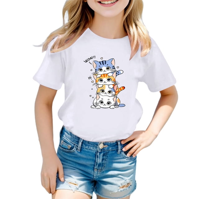 HNMKIU T-Shirt Graphique à Manches Courtes pour Filles, Tenue Décontractée d'Été, Col Rond Tendance pour Jeunes Fashionistas