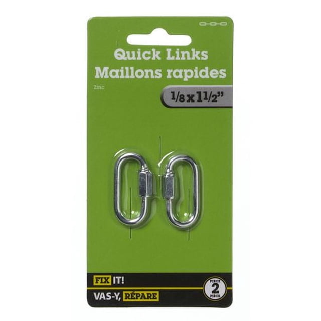 1/8"x1-1/2 Pouces Quick Link 2 Pcs Maillons Rapides en Acier Plaqué ZINC sur Emballage FIX IT! Vert, Conçus pour la Réparation Rapide et l'Assemblage de Chaînes en Acier à Faible Teneur en Carbone avec une Limite de Charge de Travail Sécuritaire de 220 Lb, Convenant à l'Amélioration de la Maison et aux Accessoires de Chaîne.