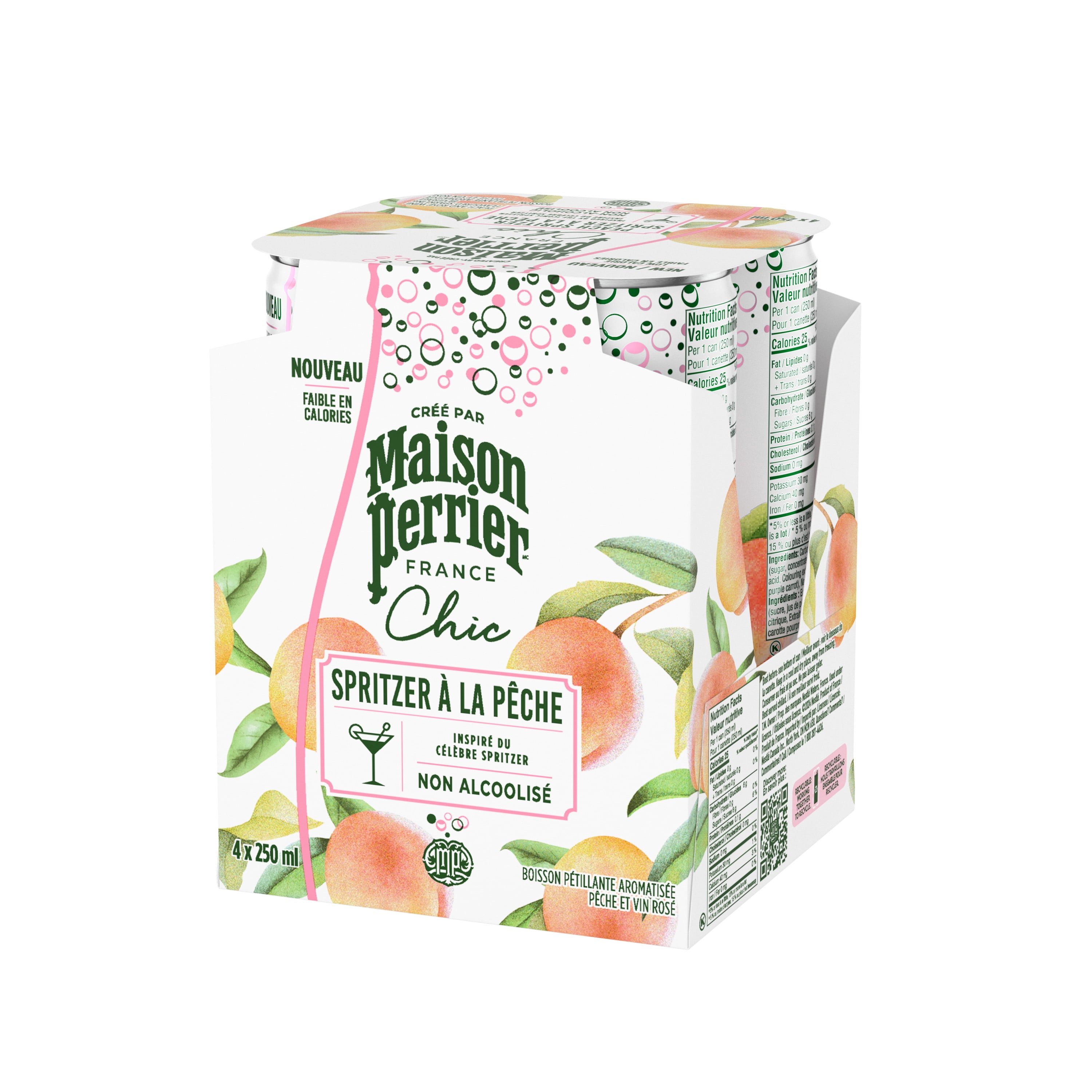 Maison Perrier Maison Perrier Chic Spritzer à la Pêche, Non Alcoolisé, Boisson Pétillante Aromatisée à la Pêche et au Vin Rosé, Cocktail Sans Alcool Faible en Calories, Prêt à Boire 4X250ML